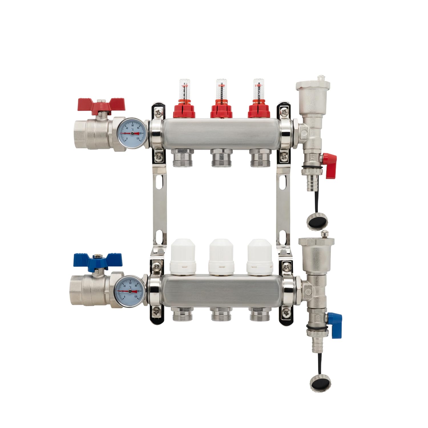Vancoco 3-Port Stainless Steel Manifold Set, with Flow Meter, Auto Air Vent and 1" Ball Valves, Complete Underfloor Heating Kit โ image 1