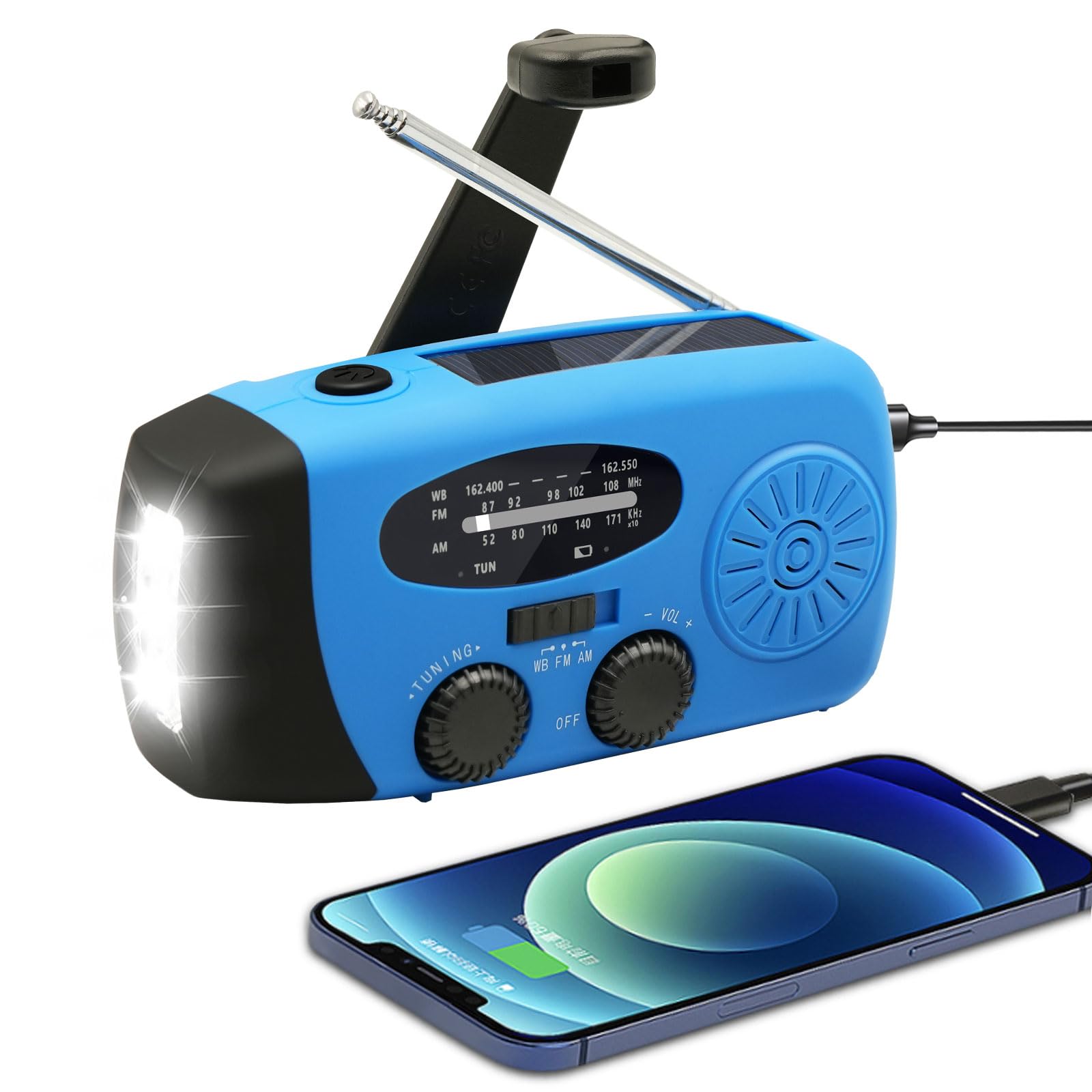 WVL Hand Crank Weather Radio, NOAA Emergency Radio Portable AM/FM Solar Powered 7400mWh with Flashlight, SOS Siren & Phone Charger for Camping & Survival(Blue)