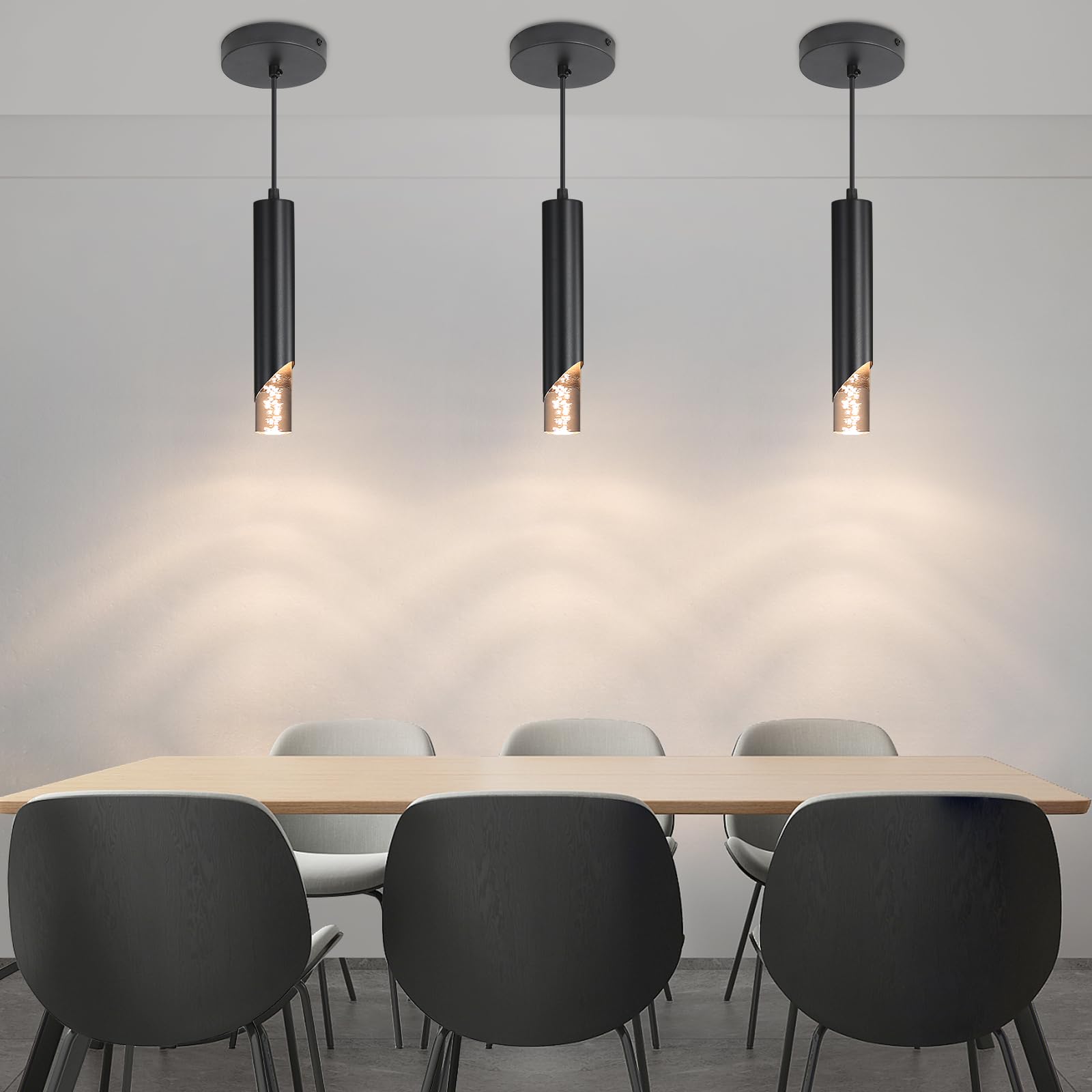 Paquete de 2 luces colgantes minimalistas para isla de cocina, lámpara colgante lineal moderna negra, acrílico de burbujas, ajustable 2700K/4500K/6500K, lámpara de techo LED para comedor, mesita de 7
