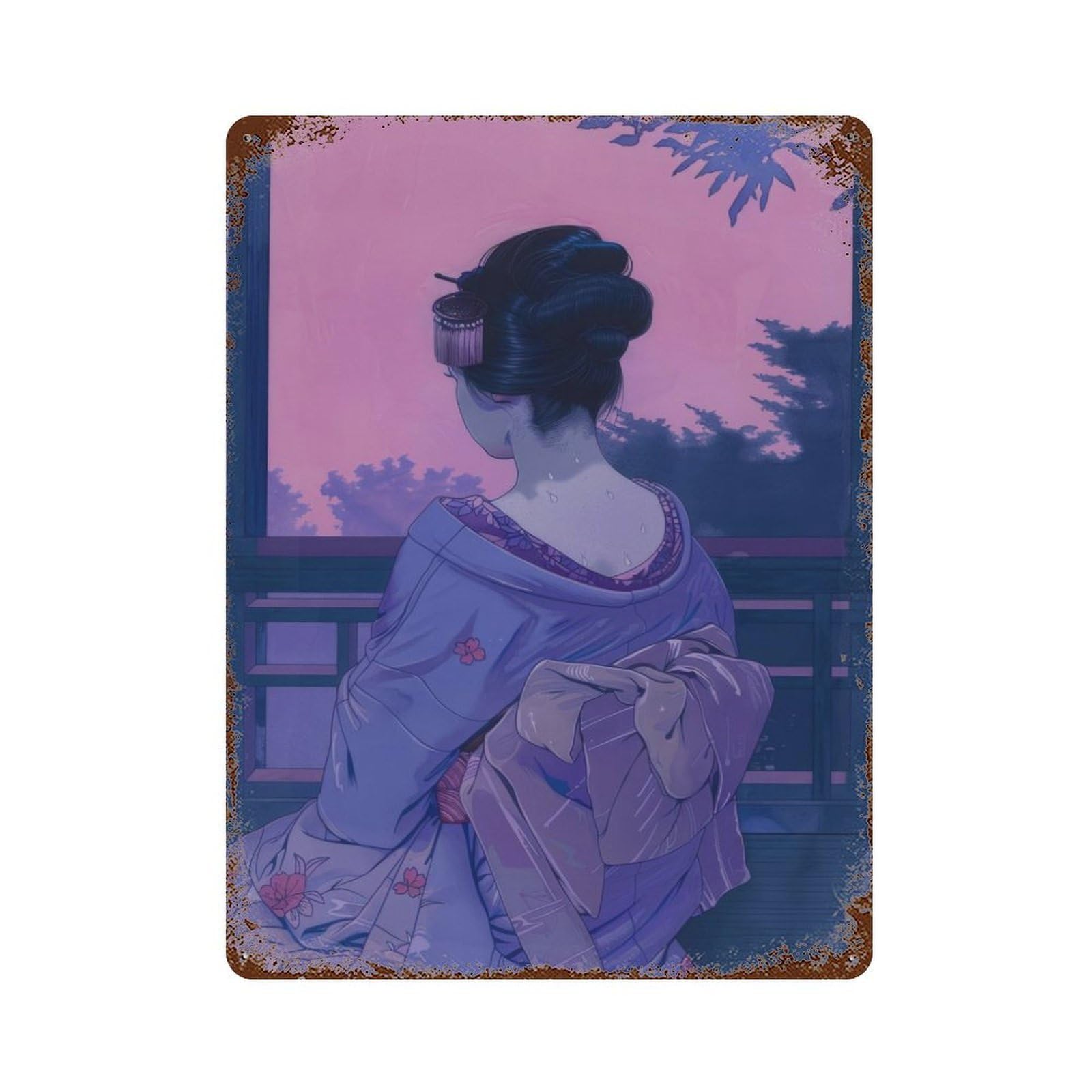 Distressed Metal Wall Sign with Geisha Japan Painting Design 15.7"x11.8", for Farmhouse, Kitchen And Entryway Decor, Old School Wall Decor