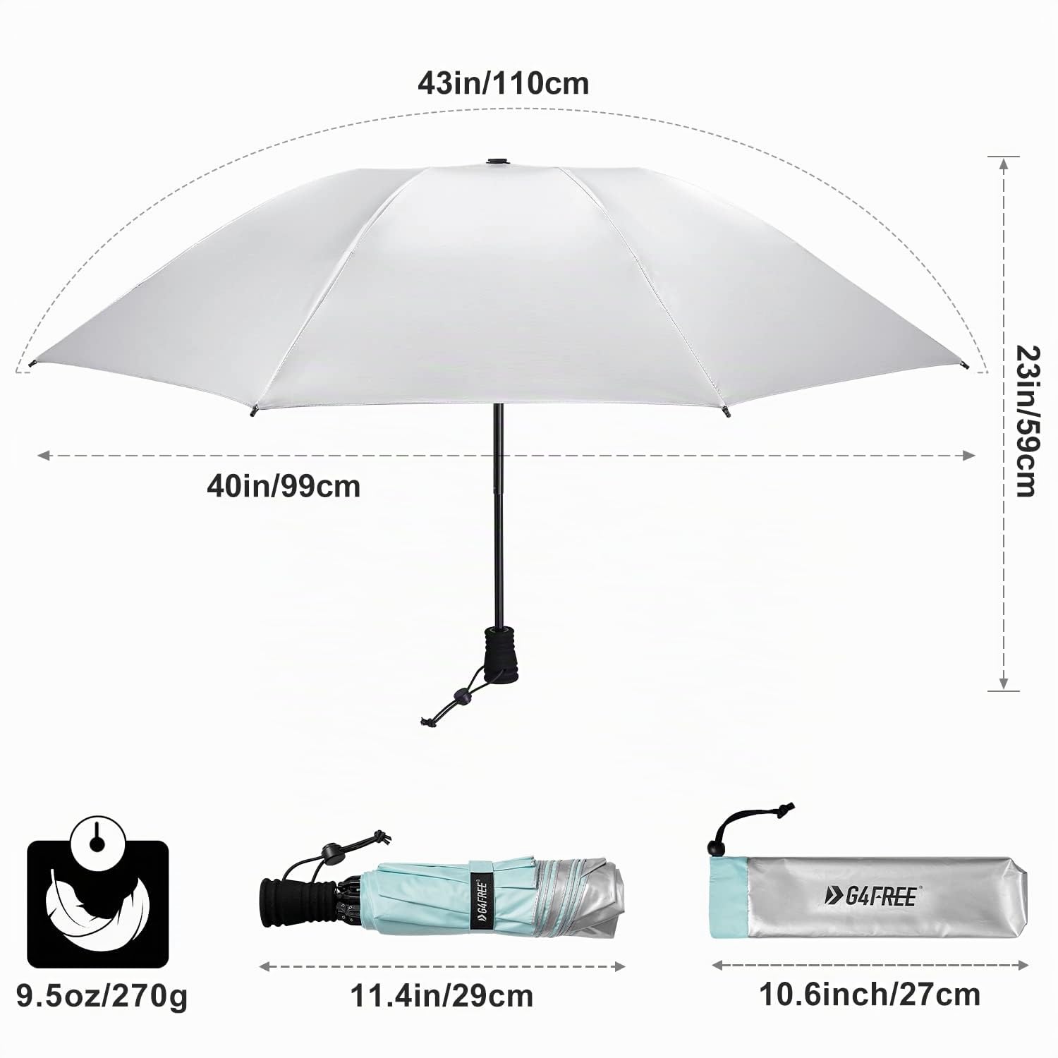 G4Free Liteflex Mini parapluie de randonnée compact ultraléger pliable réfléchissant argenté