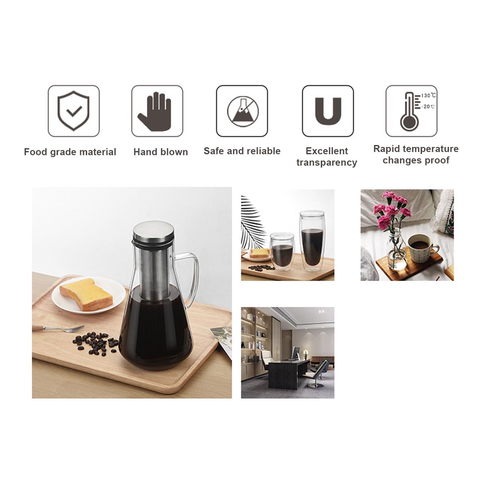 Cafetière à Infusion à Froid en Acier Inoxydable Pichet Verre Borosilicate 1600ML