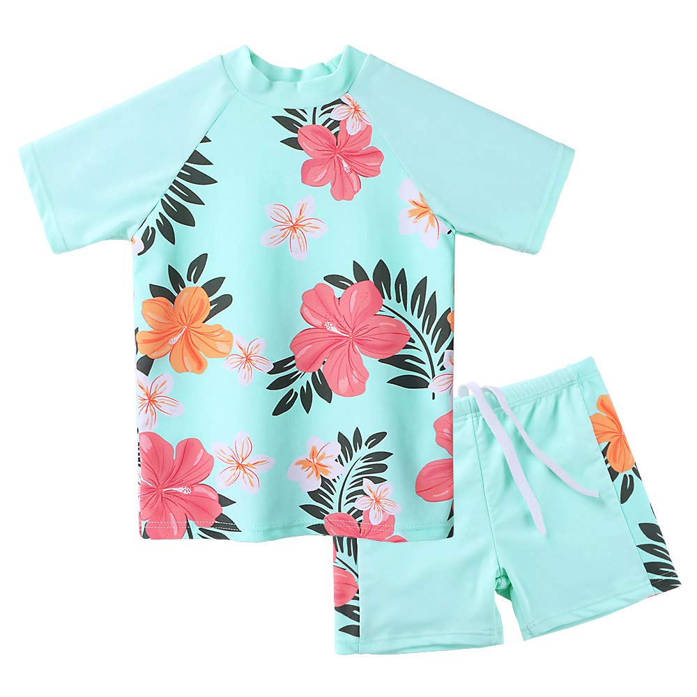 Girls Two Piece Swimsuit Floral UPF 50+ Rash Guard Set Kids Short Sleeve Swimwear S241_CyanFlower_14A