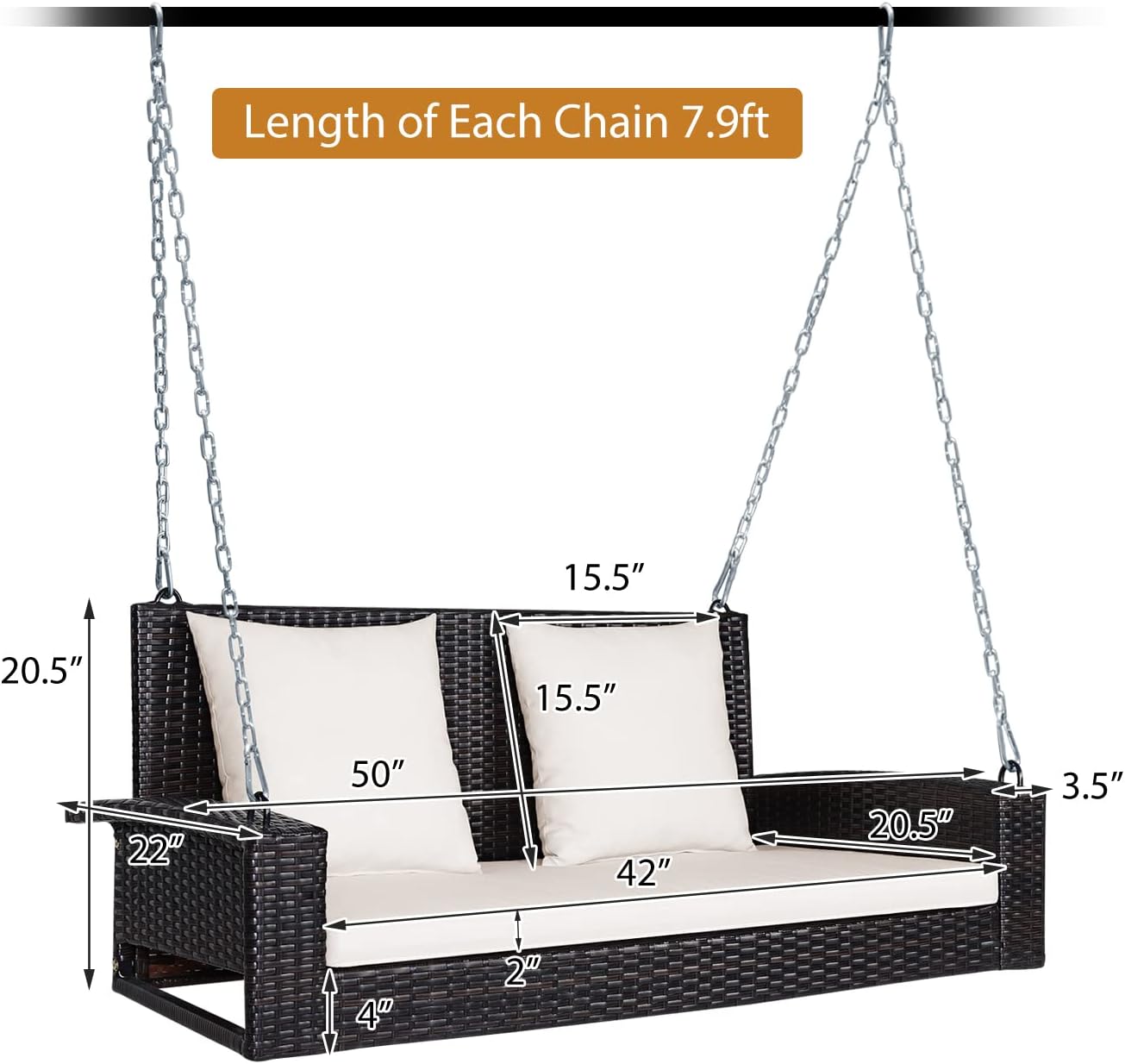 DORTALA Hanging Porch Swing, 2-Person Outdoor Wicker Swing Chair Bench with Cushions, 7.9Ft Steel Chains for Garden, Backyard, Deck & Poolside, White