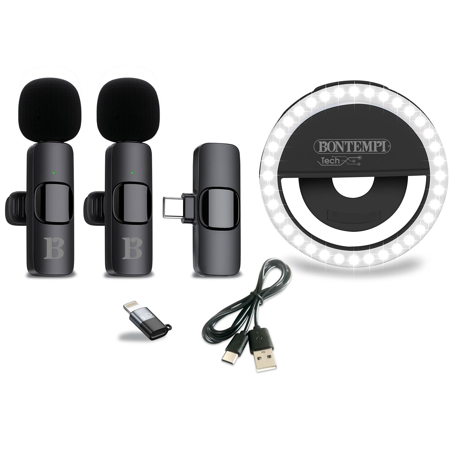 Bontempi | 2 Microfoni Wireless Lavalier con Ring Light, Compatibile con Smartphone, Tablet, Laptop, PC, 8.5x8.5x2.7 cm