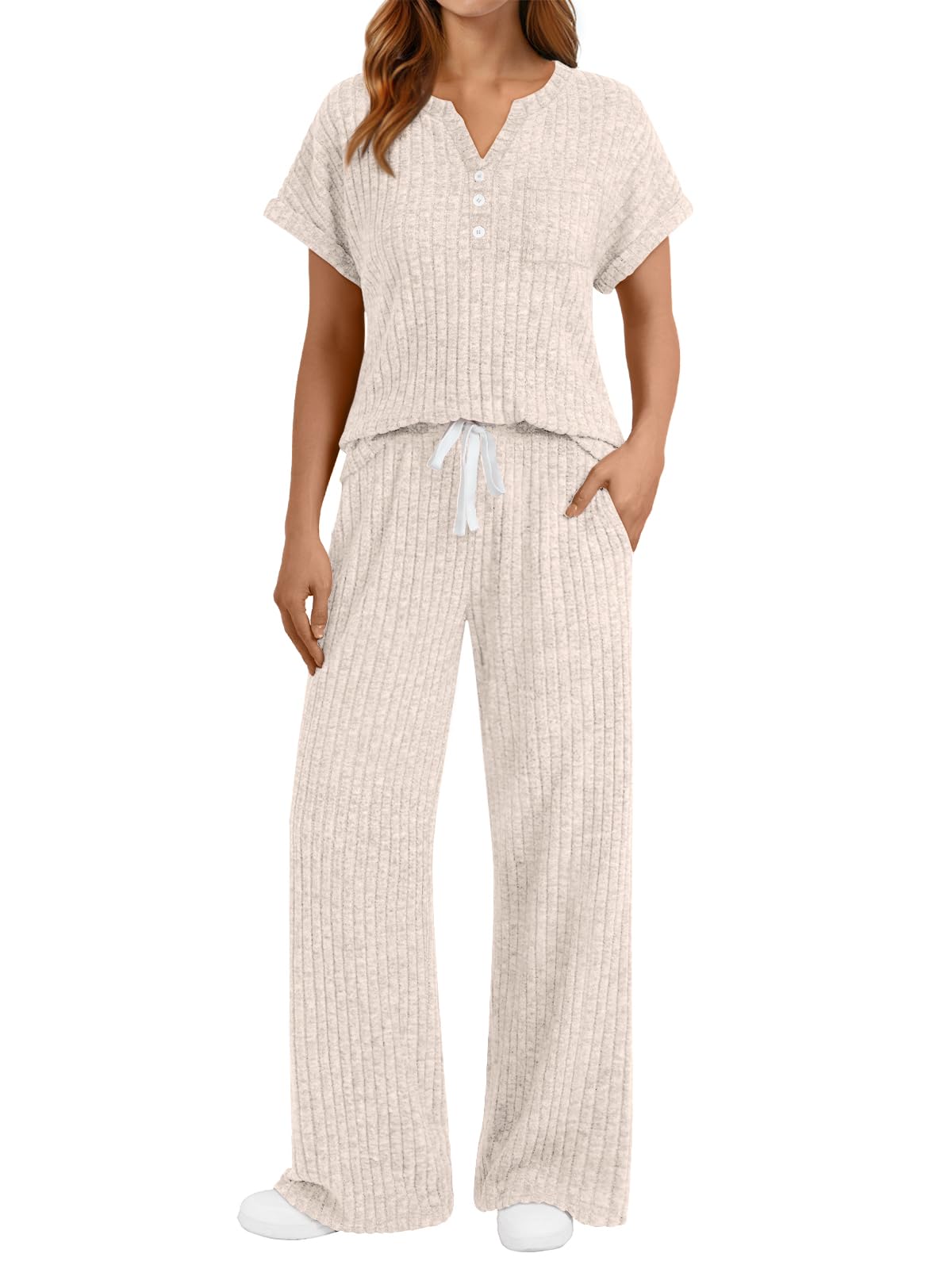 LILLUSORY Womens 2 Piece Matching Lounge Sets Summer Henley Neck Wide Leg Pants Casual Sweat Suit