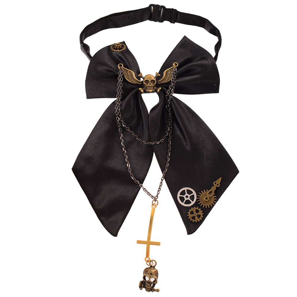 GRACEART Steampunk Gears Bowtie with Cross Skull Chain