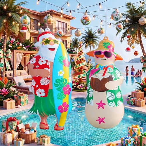 Bencailor 2 Pcs 31.5 Christmas in July Inflatables Decoration Outdoor Inflatables Hawaiian Santa Claus Snowman Hanging Decoration Summer Christmas Blow up Yard Decor for Outdoor Tree Lawn Pool Party