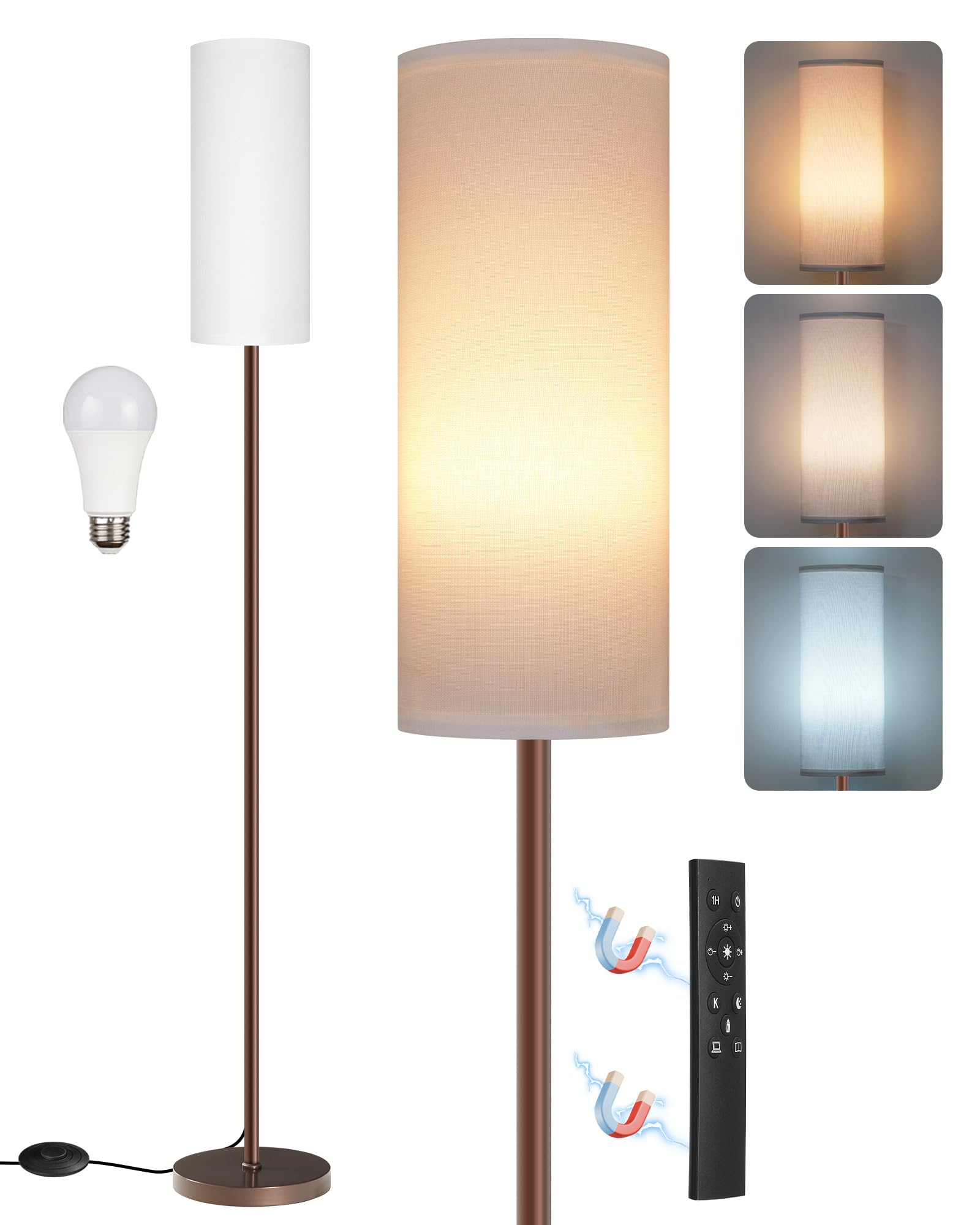 Dimmable Floor Lamps for Living Room with Remote and Foot Switch, 64.4” Modern Standing Tall Lamp, Corner Lamp for Bedroom, Bulb Included, 3000K-6500K, White and Brown VCW06LD05W1