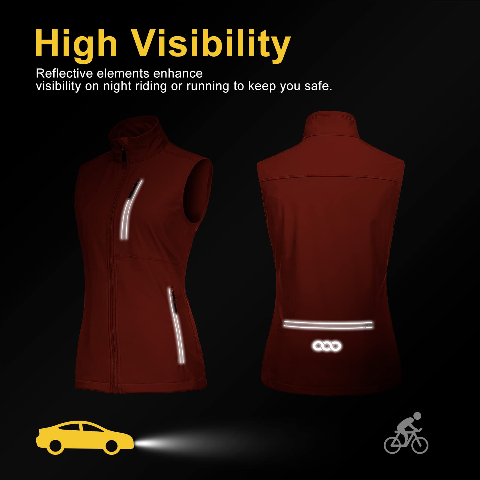 33,000ft Chaleco ligero para mujer, impermeable, cuello alto, softshell para ciclismo, chaqueta reflectante sin mangas para equitación, correr, golf, senderismo, pesca