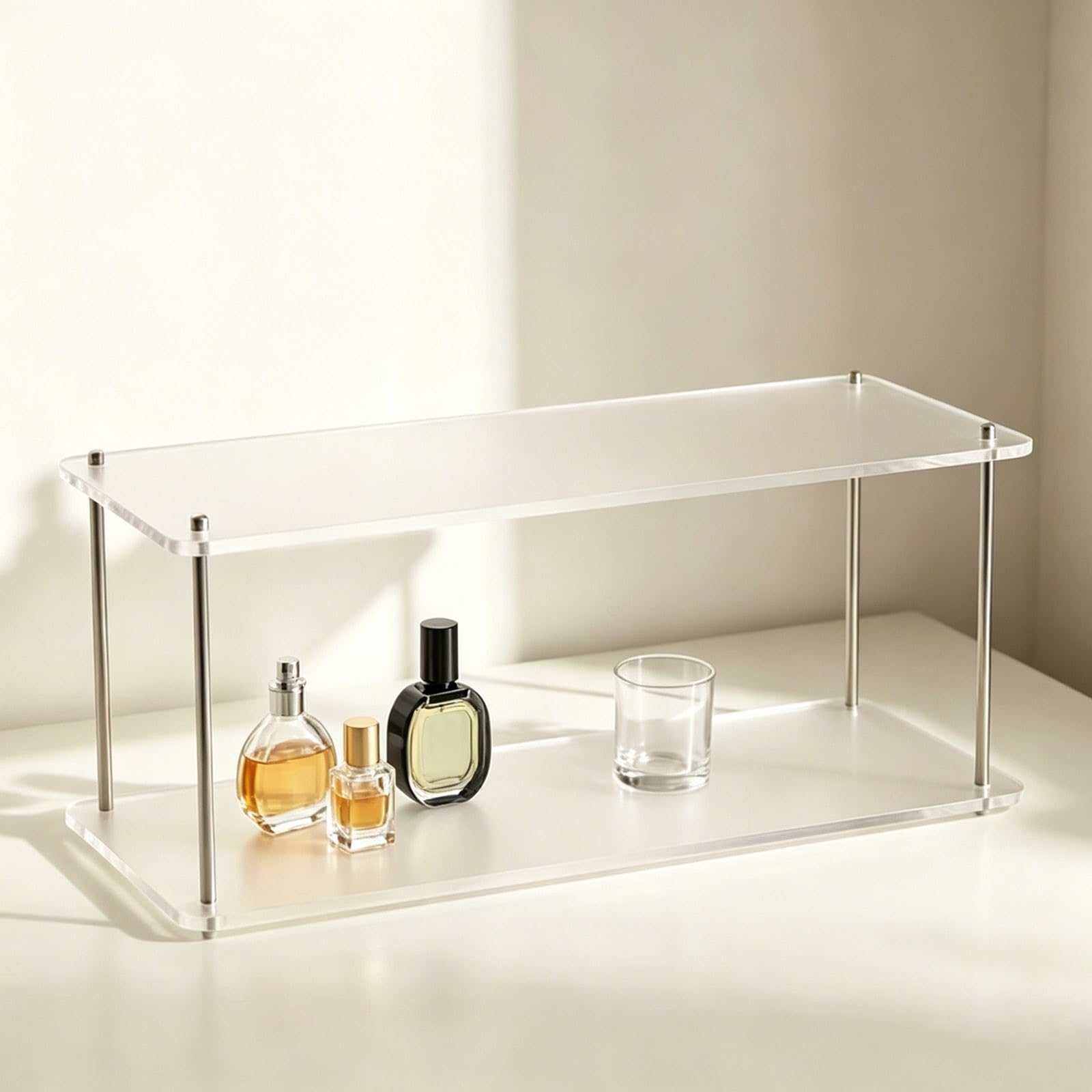 LYFHYSDSP Tier Frosted Acrylic Display Rack, Stainless Steel Support Tabletop Organizer Shelf, Stable Load-Bearing Storage Stand for Cosmetics, Collectibles(15cm/5.9 in)