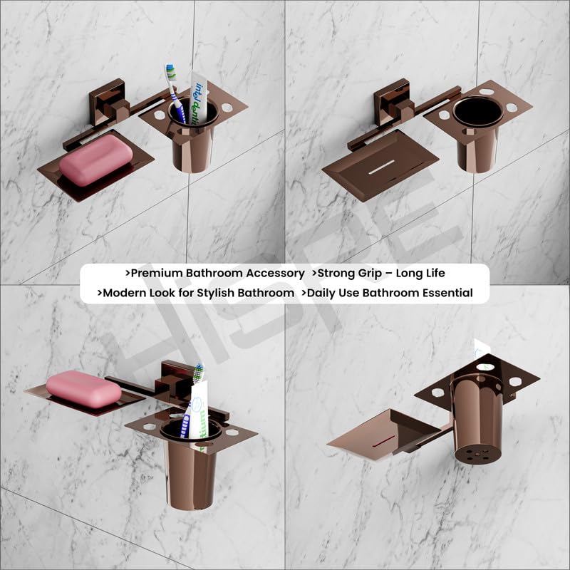 Chrome Square Bathroom Accessory Set | Wall Mounted Soap Dish & Toothbrush Holder with Tumbler | Durable Rustproof Bathroom Organizer (ROSE GOLD, 608), photo 5 of 5