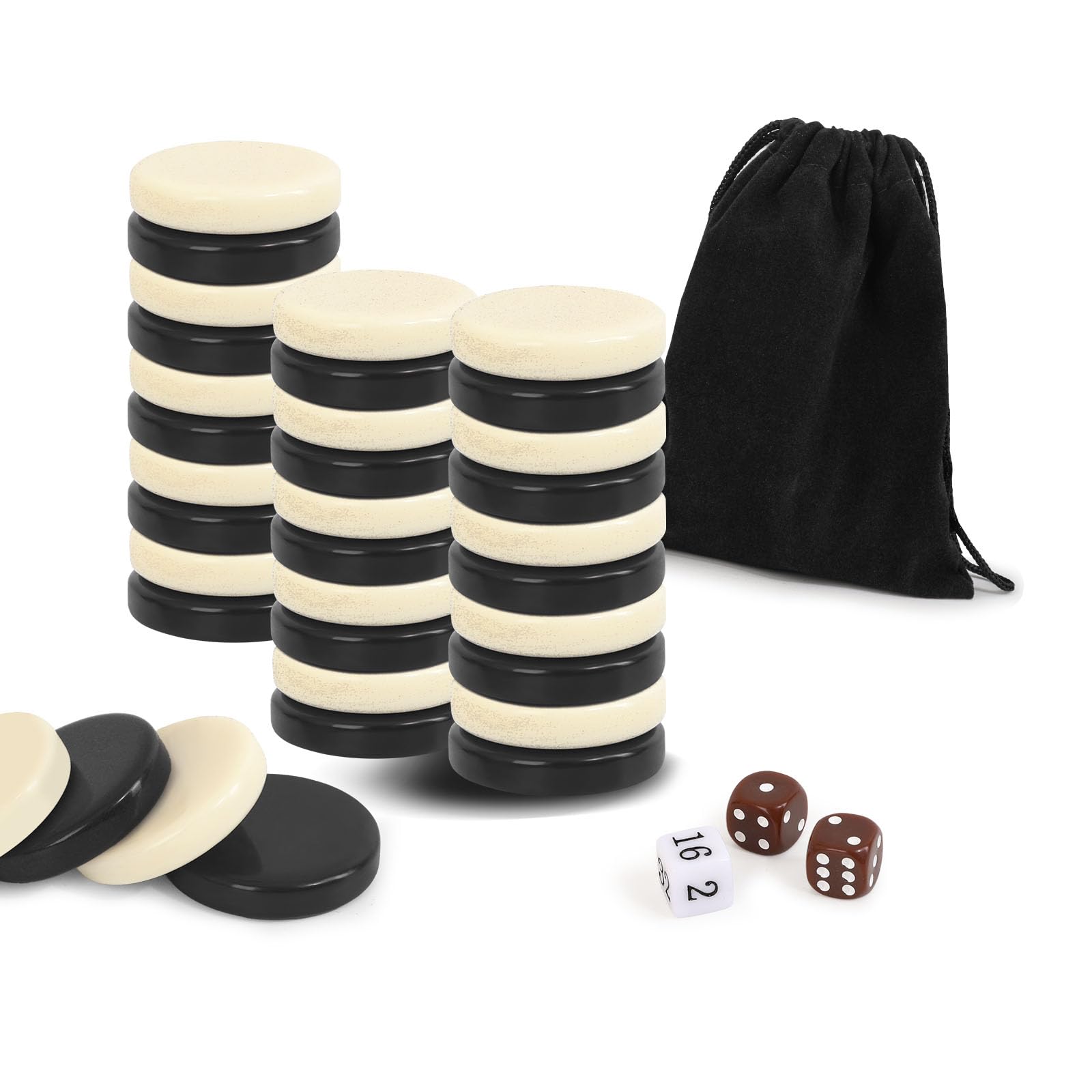 Ceramic Chess Pieces only - Checkers Pieces Set for Board Games, Includes Backgammon Pieces and Carrom Coins (Beige and black, 27mm)