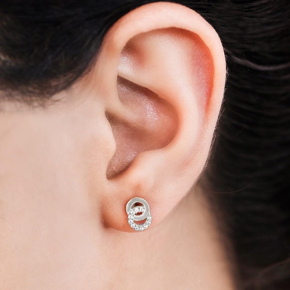 925 Silver CZ Gilded Circles Rhodium Stud Earrings