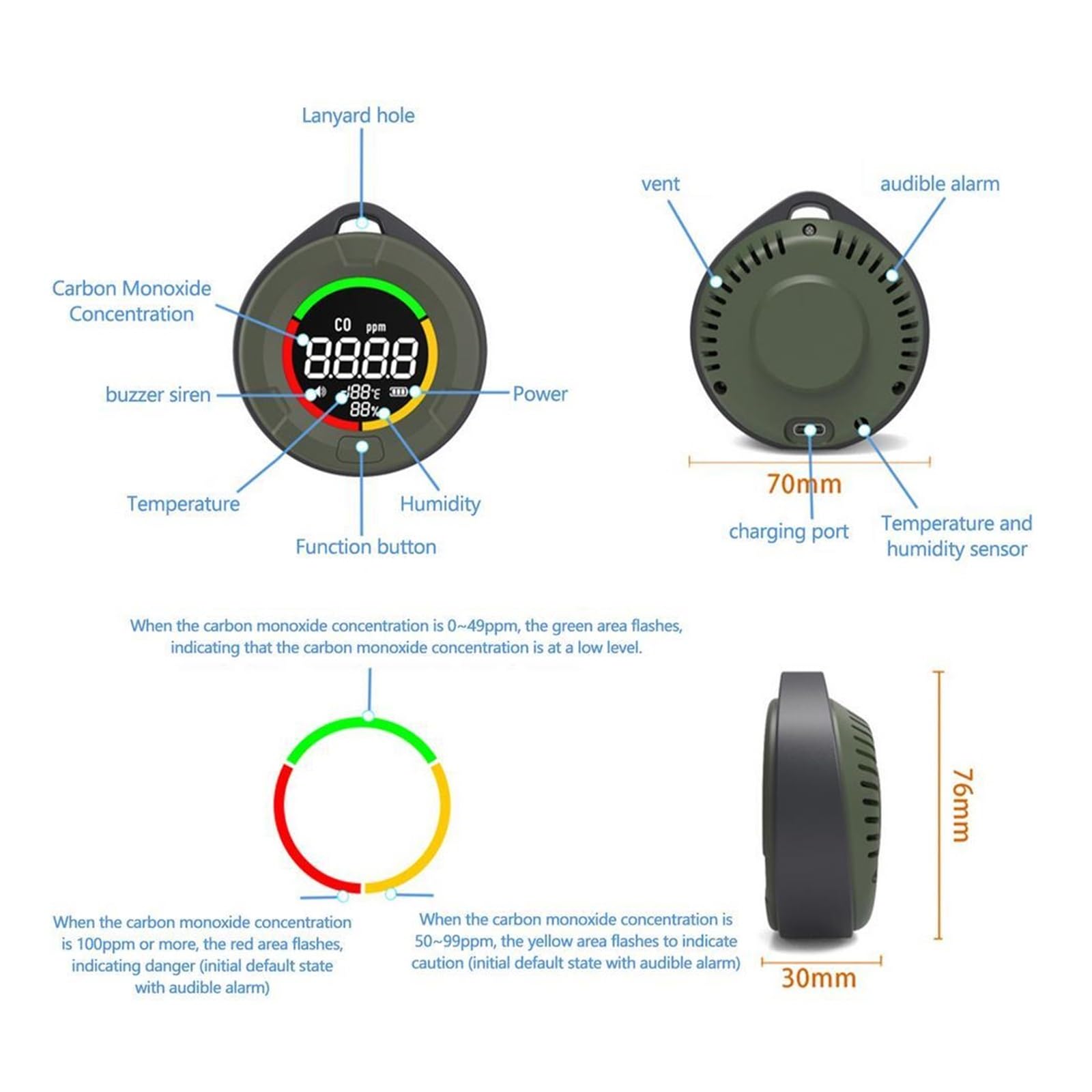 Monitor jakości powietrza PTH-10D Mini detektor tlenku węgla CO Przenośny monitor jakości powietrza HD Ekran LED USB Ładowanie w pomieszczeniach i w podróży