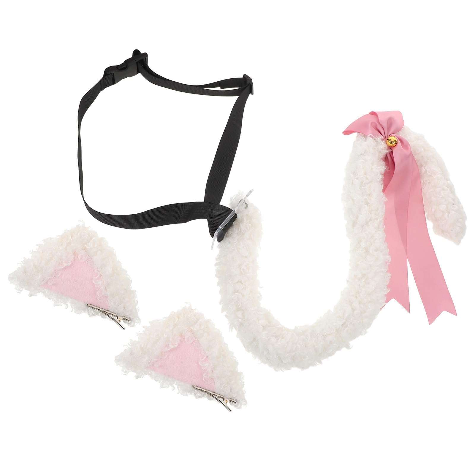 SEWACC 3 Juegos Set de Accesorios para Cosplay Orejas y de Gato Rosa de Felpa, Pajarita y Campana Metálica, Portátil para Fiestas Temáticas y Disfraces de Mujer