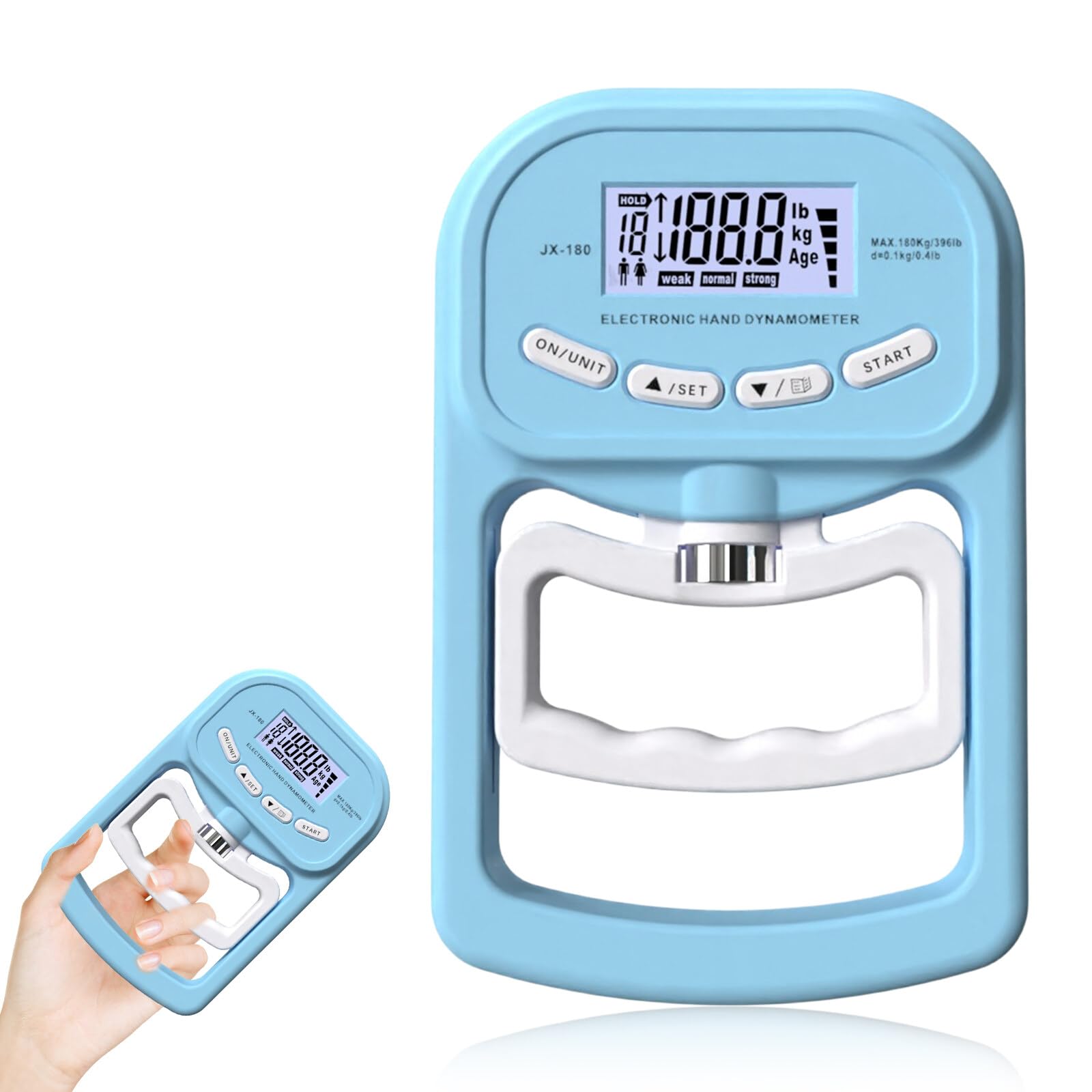 Digitaler Handkraftmessgerät Hand Dynamometer: 396lb/180Kg Elektronische Griffkraft Messgerät, LED Display Grip Strength Trainer mit USB-Ladekabel, Intelligent und Einfühlsam