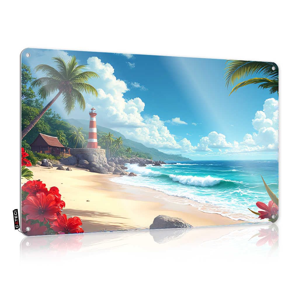 Fzfn Colour Tin Wall Decor New Wall Decor | Beach Paradise With Lighthouse And Palm Trees Americana For Work Home(20X30cm)