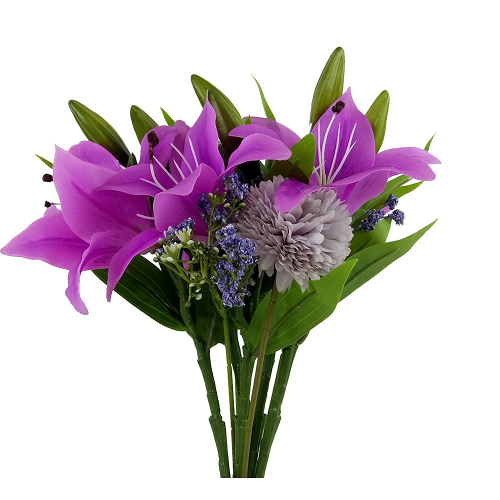 Artificial Lily Flowers 5 Bouquet Latex Fake Flowers Pair with Hydrangea and Gypsophila for Wedding Party Garden Shop Graves Decor Table Setting Photography Props (Purple)