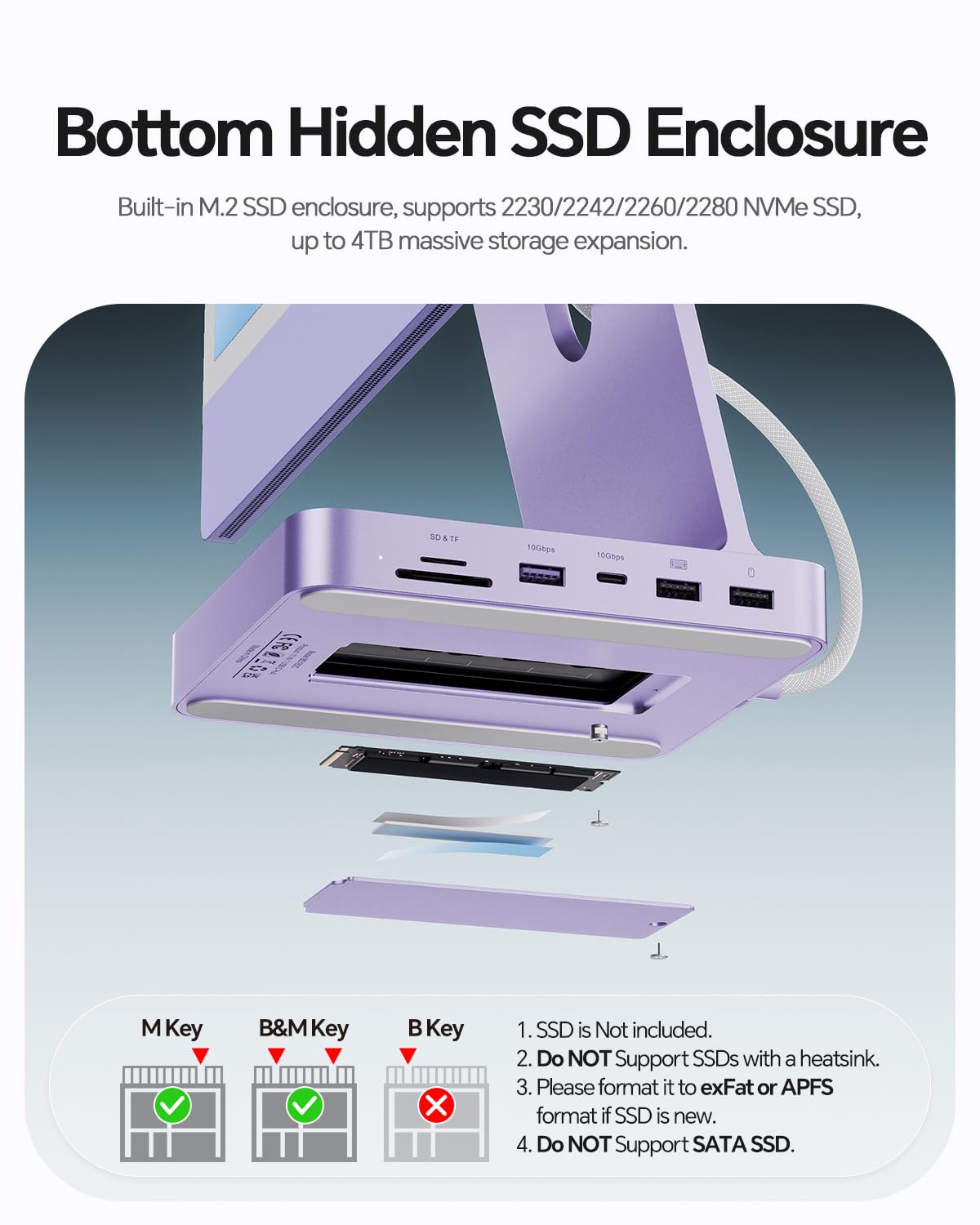 Hub USB-C per iMac 24" M1/M3/M4 con box esterno per SSD M.2 NVMe da 4 TB | PULWTOP hub USB C per iMac da 24" 2021-2024 con HDMI 4K a 60 Hz, 2,5 GbE, USB A/C 3.2 10 Gbit/s, SD/TF, audio - Viola