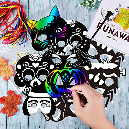 Natonhi 32Pcs Halloween Crafts for Kids, Rainbow Scratch Art Mask Kit - image 6