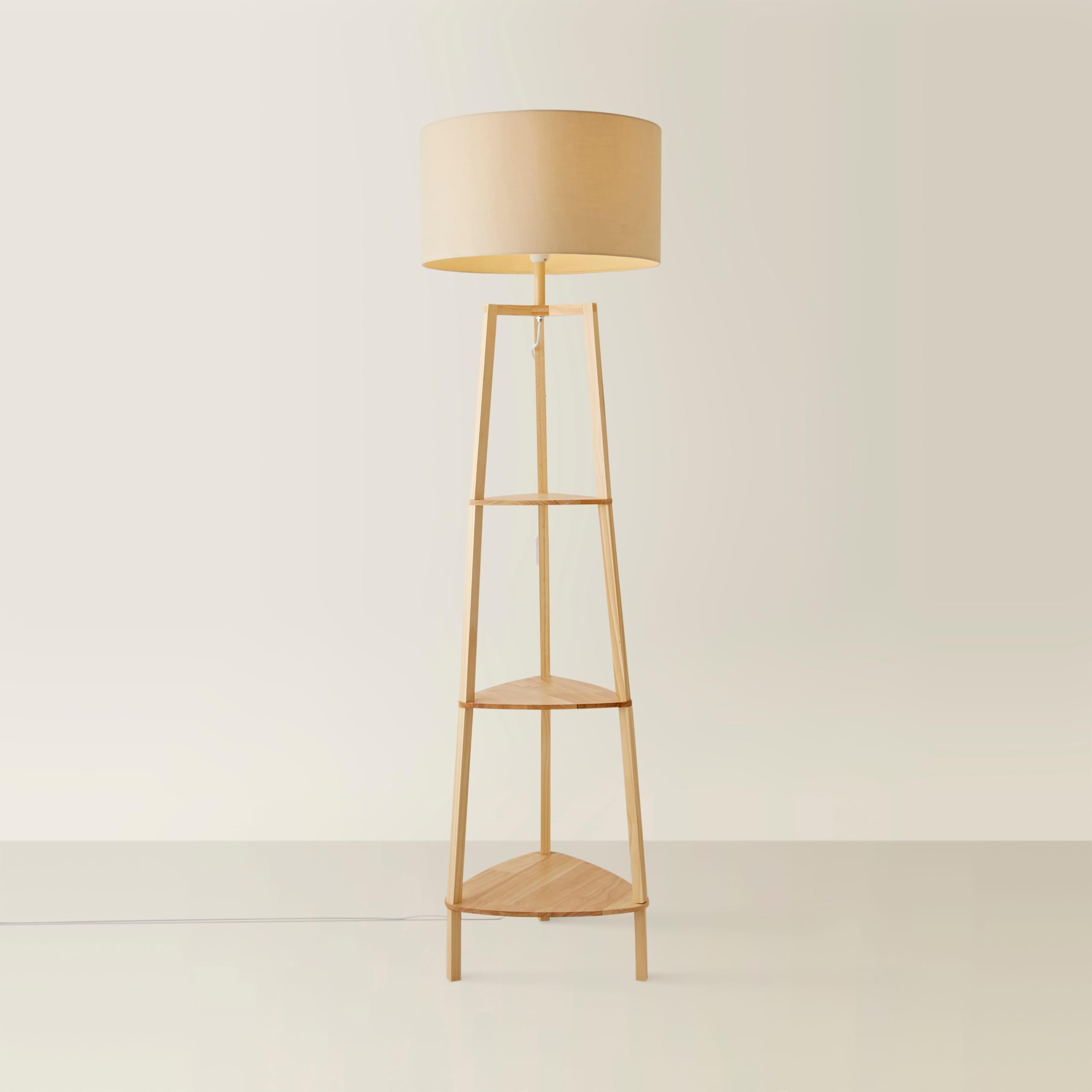 Valuelights Unisex Nude Hiru Natural 3 Tier Wooden Shelf Floor Lamp With Large Drum Shade In