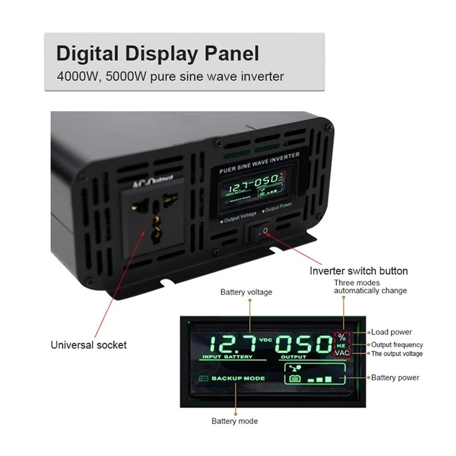 Falownik mocy Falownik samochodowy 4000 W 5000 sinusoidalny Moc DC 12 V(1000W)