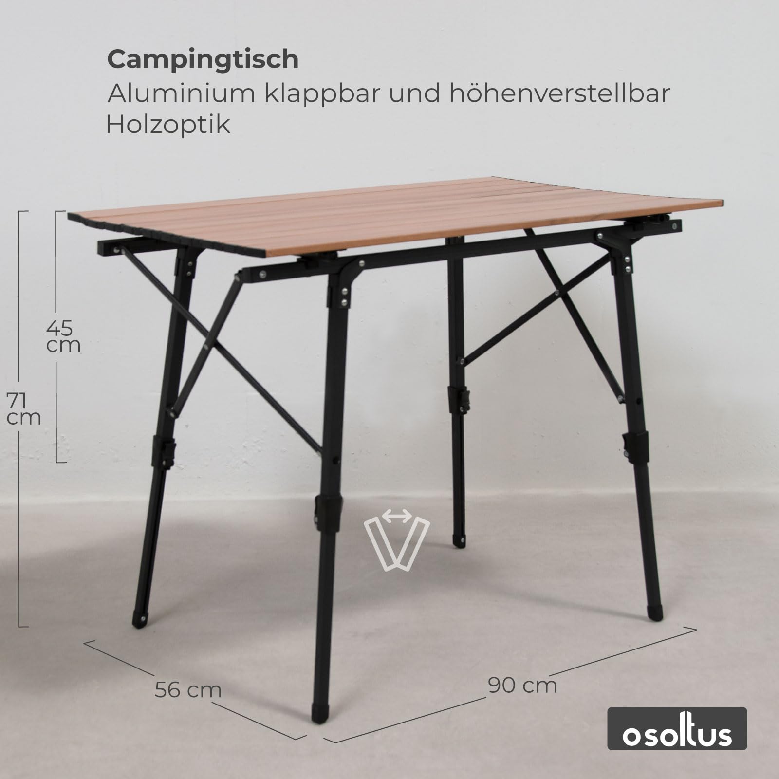 osoltus Campingtisch Fjord höhenverstellbar Aluminiumgestell | Klapptisch Holzoptik-Tischplatte 90cm x 59cm x 45-71 cm höhenverstellbar