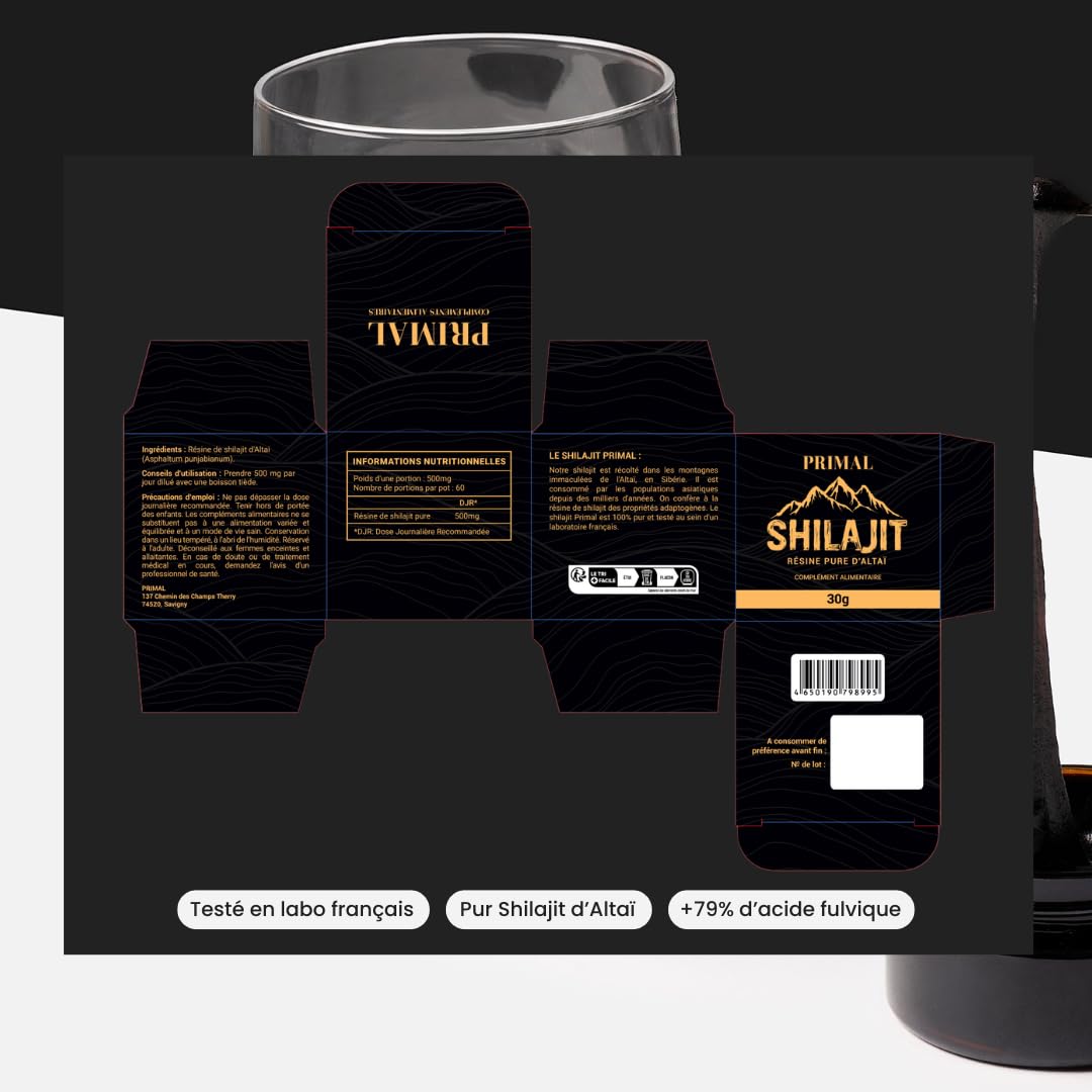 Shilajit Primal, Résine de Shilajit 100% Pure de l’Altaï, Qualité Premium, 79% d’Acide Fulvique, 85+ Minéraux & Acides Humiques, Complément Alimentaire Homme & Femme (30 g)
