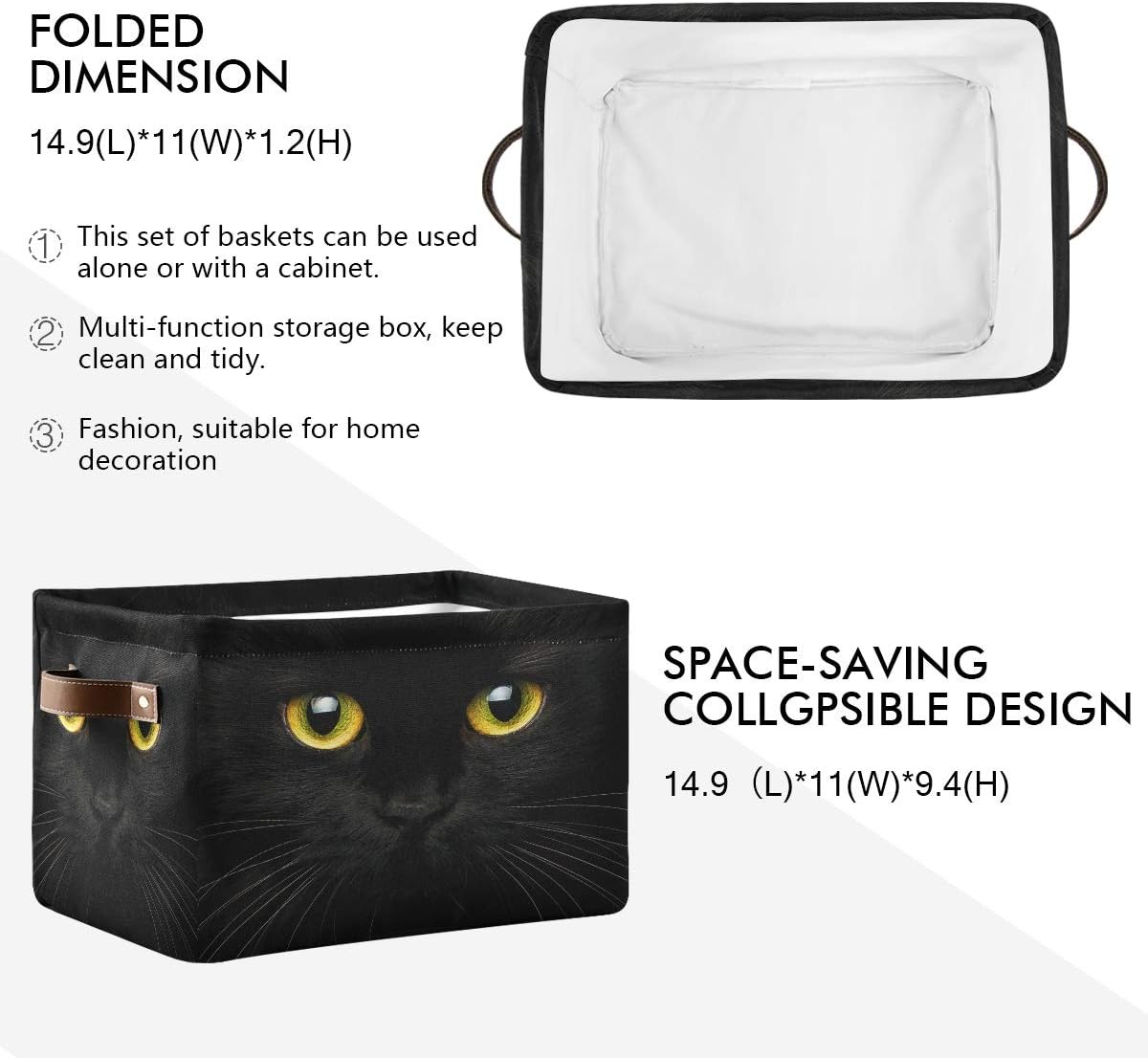 Storage Basket Cube Animal Black Cat Large Collapsible Toys Storage Box Bin Laundry Organizer for Closet Shelf Nursery Kids Bedroom,15x11x9.5 in,1 Pack