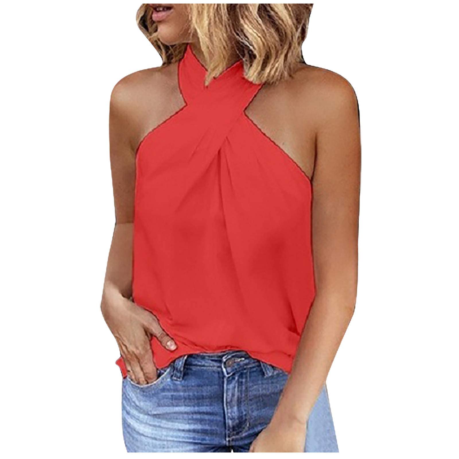 VEMOW Camiseta sin Mangas para Mujer, Camisetas de Tirantes Mujer Tank Tops Tirantes de Fiesta Negro Top Costura Superior de Color Sólido con atrás Cremallera Cuello Halter en la Espalda