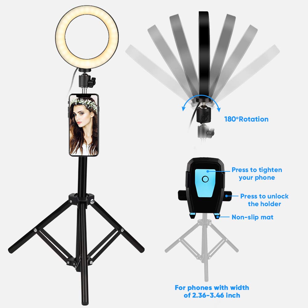 Wakects Kit d'éclairage annulaire LED de 6 Pouces avec trépied + Support de téléphone pour Youtube, kit d'éclairage Photo vidéo, Anneau Lumineux avec 3 Couleurs et 10 Niveaux de luminosité