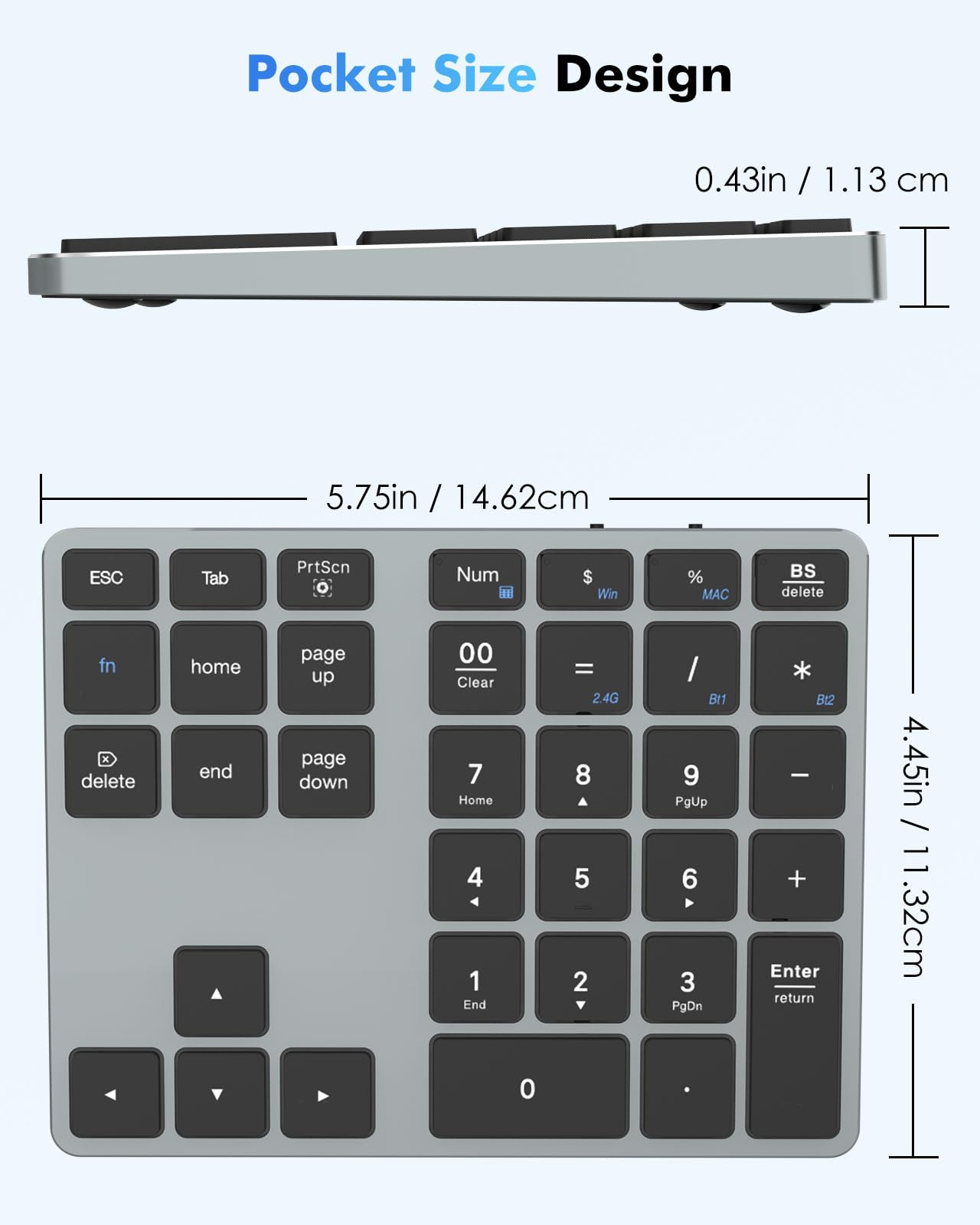 MoKo Tastiere Numeriche Bluetooth, Tastiera Wireless Ricaricabile a 35 Tasti, Keypad Wireless Bluetooth 2.4 GHz, Tastierino Numerico Bluetooth per Laptop Computer Tablet MacBook iPad, Grigio Scuro