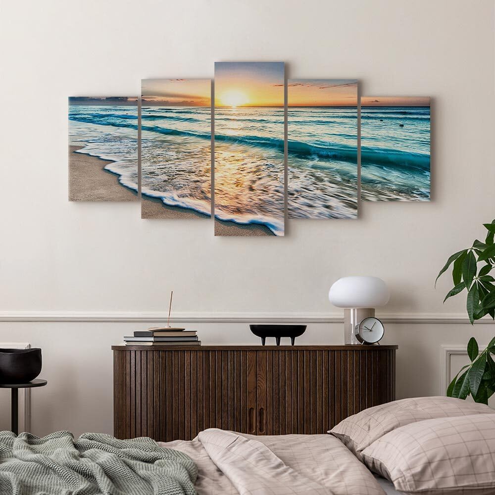 decomonkey Cuadro Lienzo Mar Playa puesta de sol 200x100 cm 5 piezas | Impresión sobre material tejido no tejido, decoración de cuadro de pared, gráfica fotográfica, para salón, Paisaje, diseño 32