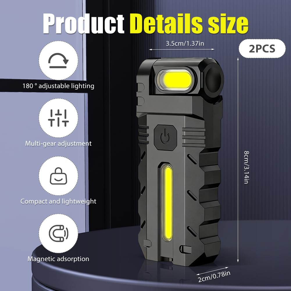 DC10 Mini linterna LED, lámpara de mano con batería, linterna multifuncional con clip y base magnética, 5 modos de iluminación giratorios 180°, IPX4 resistente al agua tipo C LED para camping