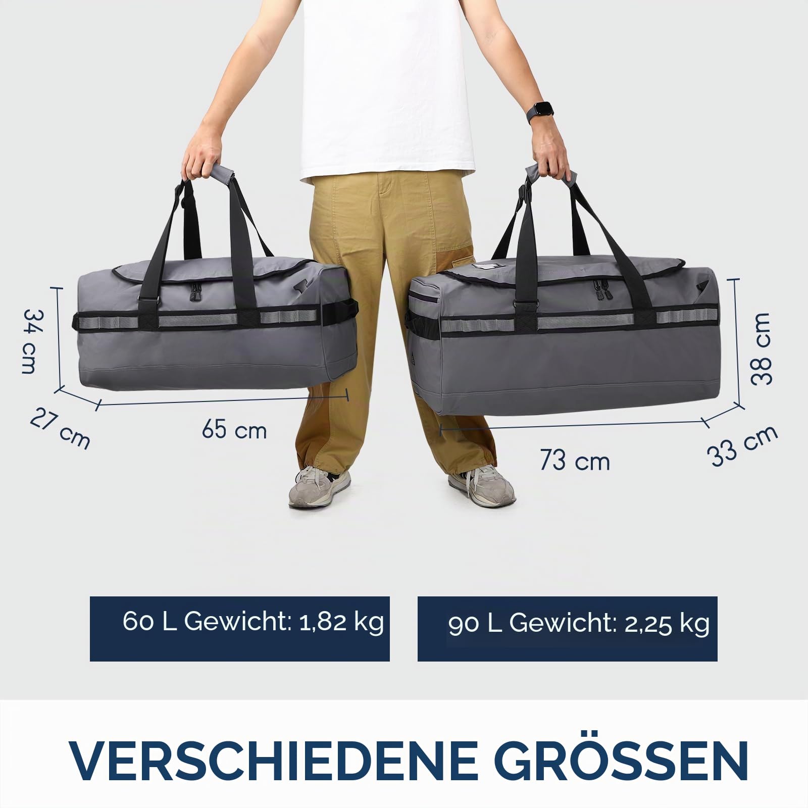 Haimont Reisetasche Sporttasche mit robusten Reisetaschen für Männer und Frauen, Camping mit umwandelbaren gepolsterten Rucksackträgern, Overnight, Wasserdicht, 90L, Grau