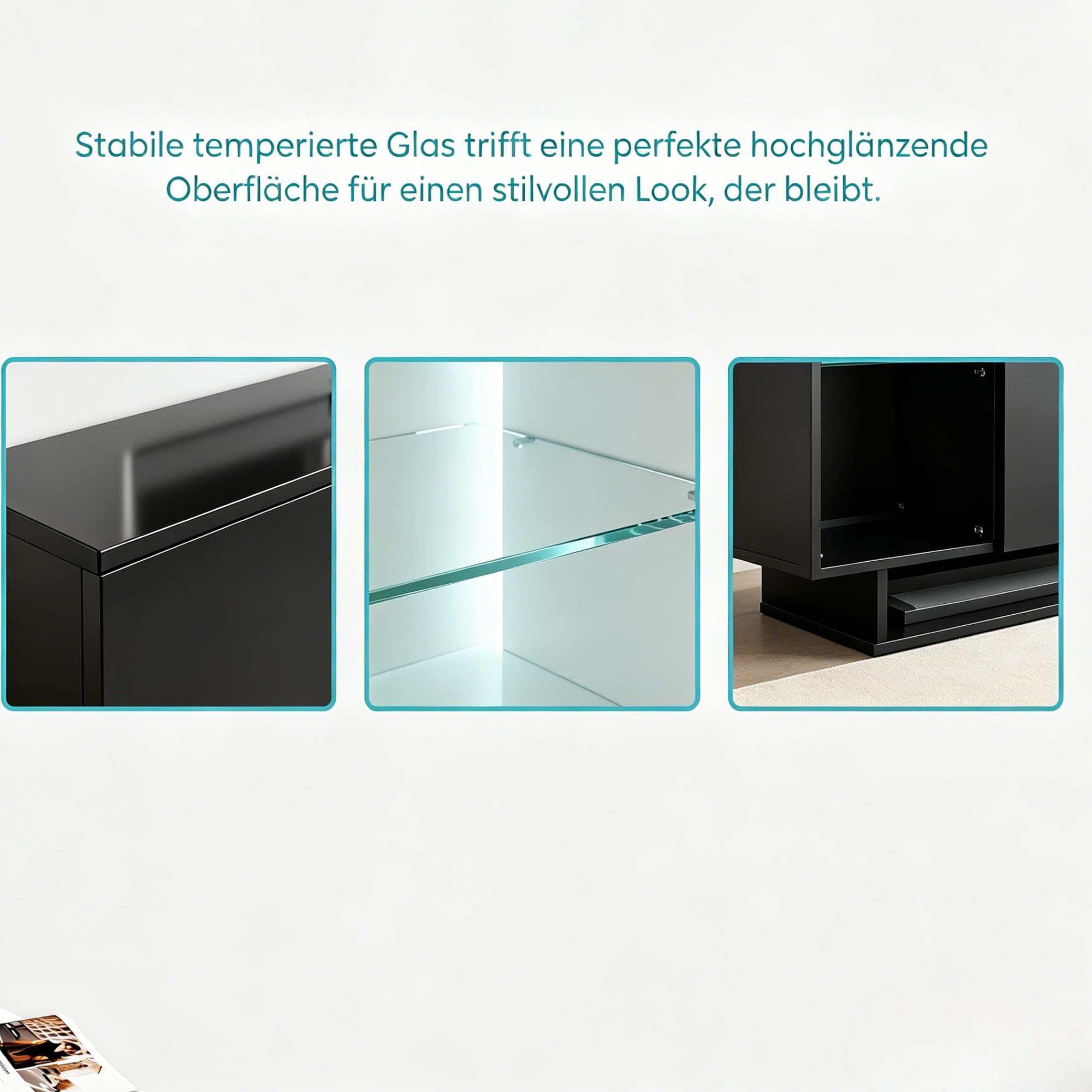 Mobile base per TV con vano portaoggetti, tavolo TV con 2 ante e ripiano in vetro, mobile porta televisione per televisori fino a 85 pollici, mobile laterale per TV per soggiorno, nero, 200 x
