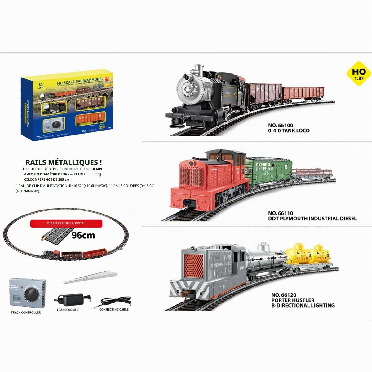 YUTT 1/87 HO Ensemble de locomotive à vapeur – Train électrique complet avec contrôle de vitesse réglable, rails métalliques et voitures cargo pour adolescents et adultes
