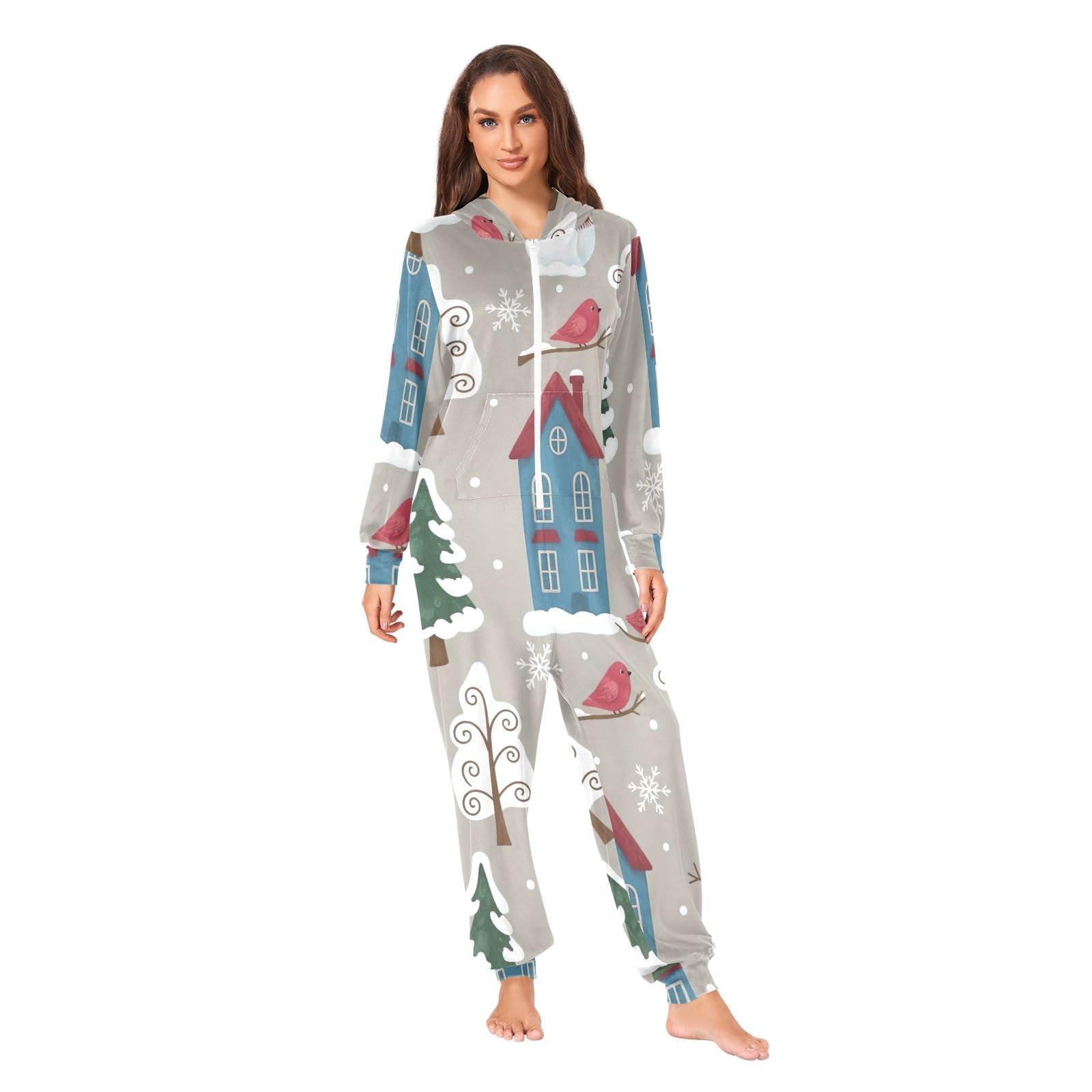 Whimsical Winter Snow Trees Adulto Onesie Pigiama, Morbido Accogliente Tuta di Natale, In Pile Un Pezzo Loungewear