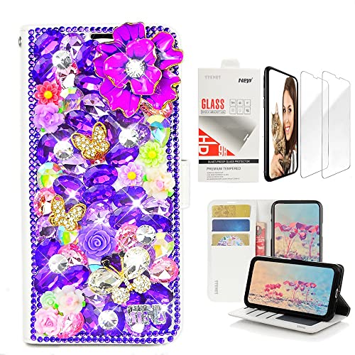 STENES Bling Wallet Case Compatible with OnePlus 7 Pro - Stylish - 3D Handmade Rose Butterfly Flowers Floral Leather Case with Wrist Strap & Screen Protector [2 Pack] - Purple