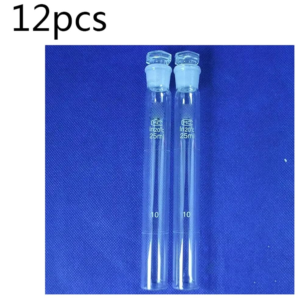 Cristalería de Laboratorio Lote de 12 cubetas de vidrio de 25 ml graduadas con tapón y fondo plano.