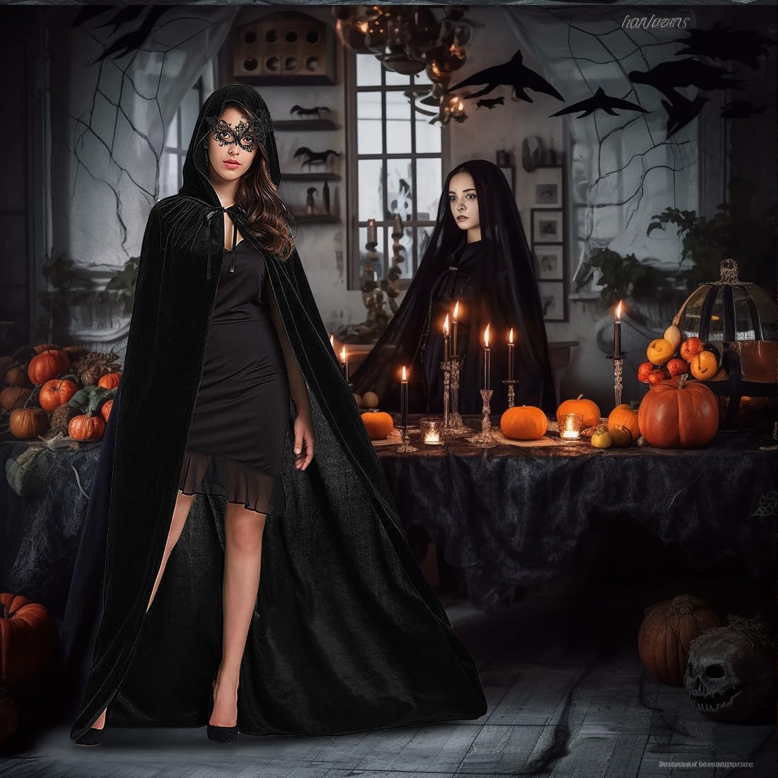 Cape De Vampire Noire Avec Capuche, Masque Et Chaîne - Longueur 170 Cm | Costume Halloween, Carnaval, Cosplay