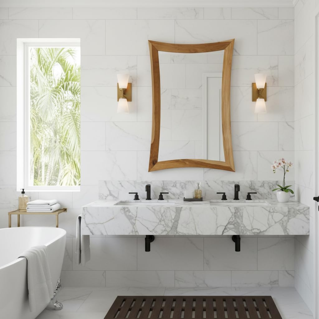 EcoDecors Curvature Teak Hanging Vanity Mirror (24 inch x 35 inch) in Natural Teak