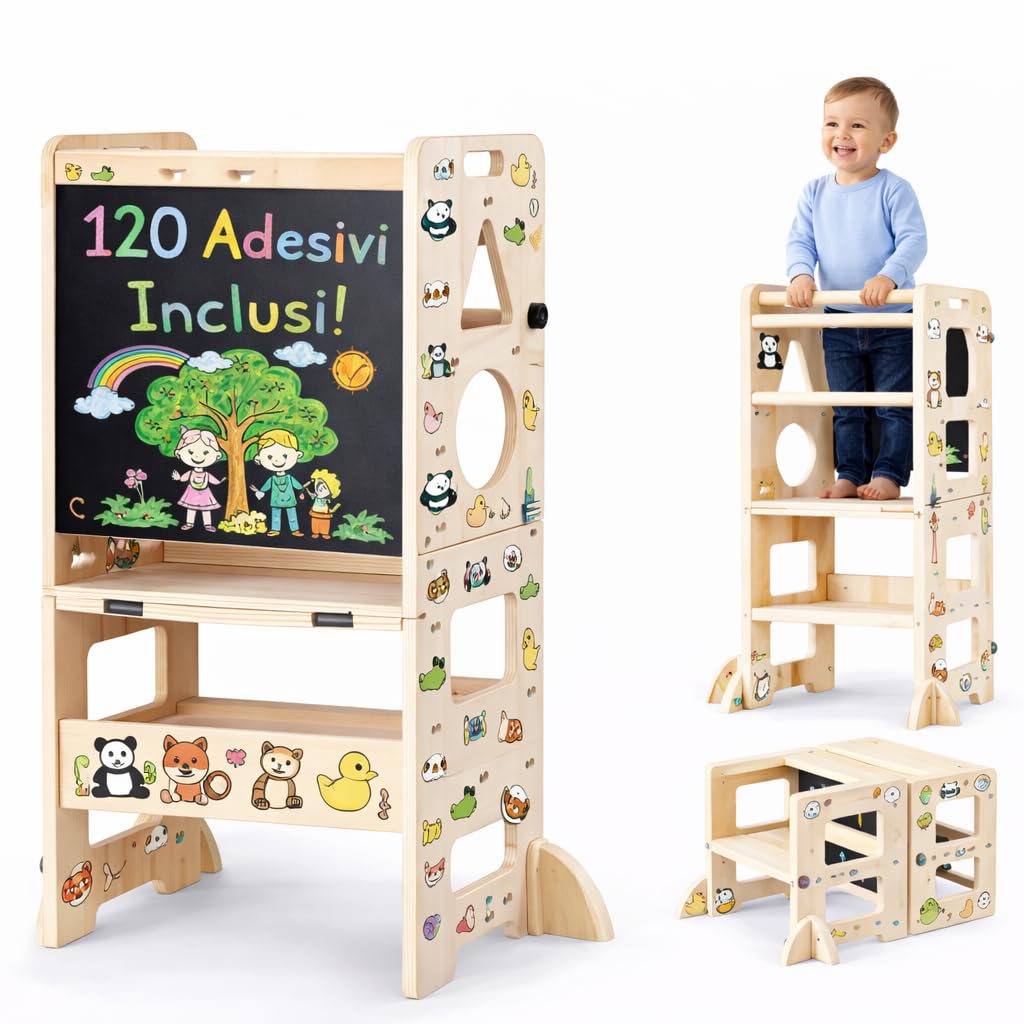 Torre Montessoriana Pieghevole 3 in 1 in Legno - Scala Montessori Stabile e Antiscivolo, Lavagna e Tavolino per Bambini di 18 Mesi per Stimolare Autonomia e Creatività (120 Adesivi Inclusi) - 1