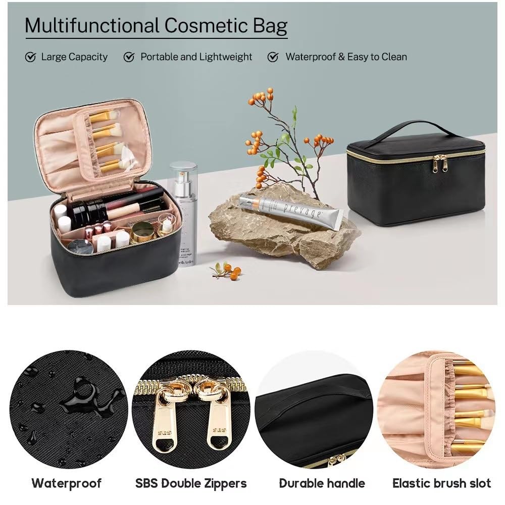 LoveFirst Travel Makeup Bag Portable Cosmetic Bags with Brush Compartment with Handle Large Capacity Pu Material Waterproof Cosmetic Organiser Toiletry Bag for Women Travel Essentials(Colour: Green) - Image 3