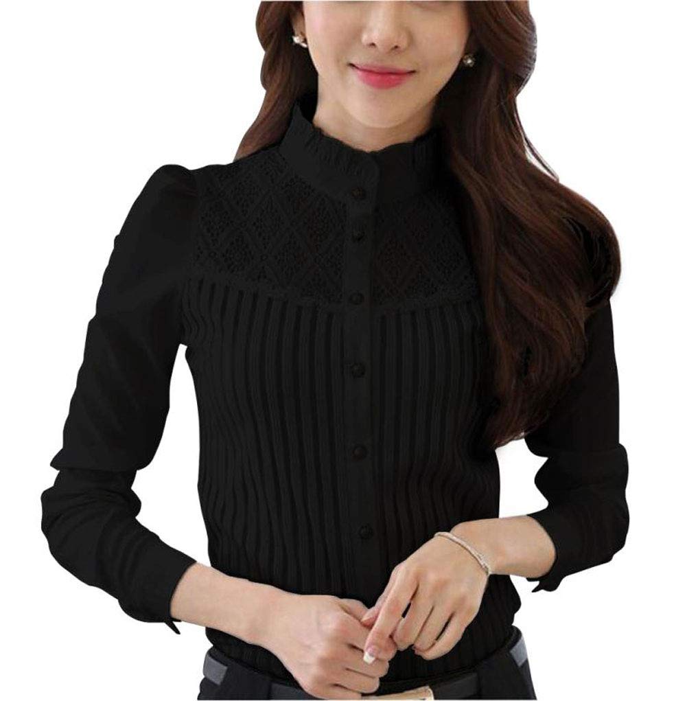 Womens Vintage Victorian Pleated Button Down Shirt Long Sleeve Stretch Blouse