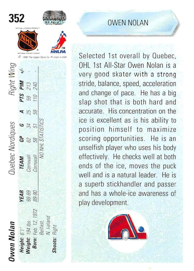 Amazon.com: 1990-91 Upper Deck Hockey 90-91 Hockey Hologram #352 Owen Nolan  RC Rookie Card Quebec Nordiques Quebec Nordiques Official NHL Trading Card  From The Premier Edition of UD Hockey : Collectibles & Fine Art