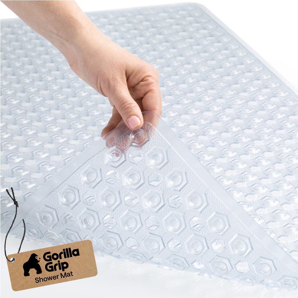 GORILLA GRIP Patented Bath Tub Shower Mat, Machine Washable Bathtub Floor Liner Mats, Suction Cups and Drain Holes to Keep Tubs Clean, Soft on Feet, Bathroom Essentials, 35x16 Inch, Clear