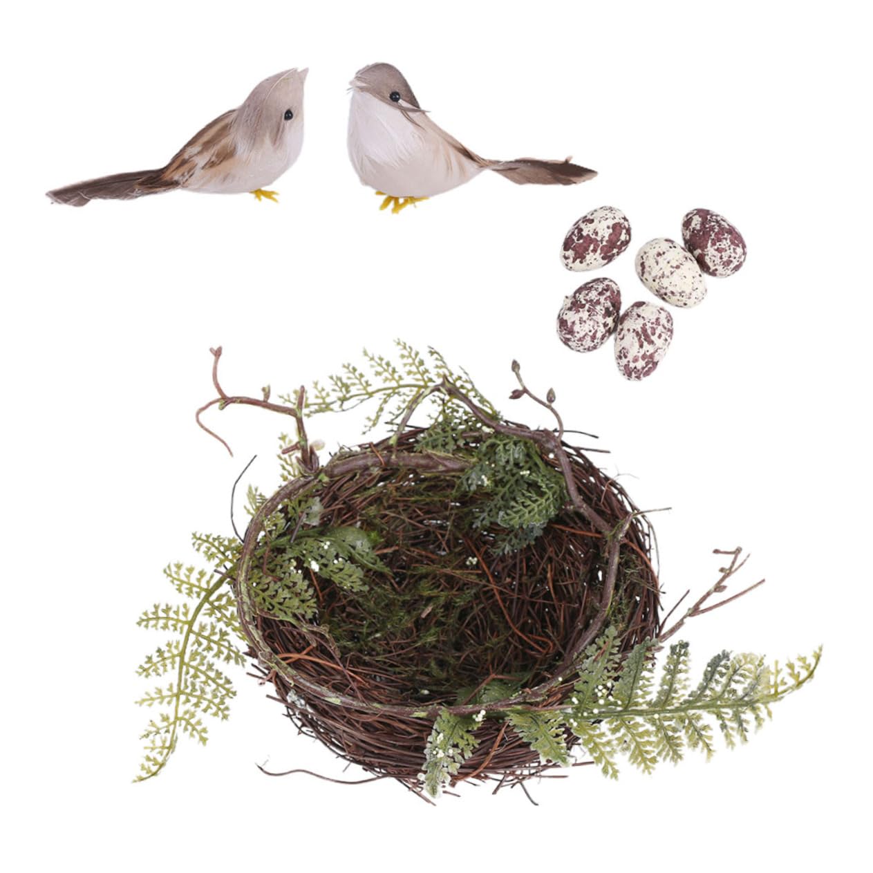 BESPORTBLE 4ensembles Nid Oiseau Rattan Tissé Main Abri Naturel pour Oiseaux Accessoires De Décoration pour Mariage Et Photographie Incluant Un Nid avec Deux Oiseaux Et Œufs Décoratifs
