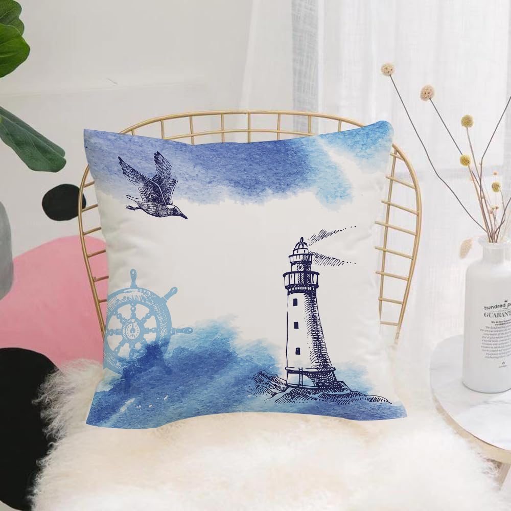 Hyosxw Seascape Lighthouse On The Horizon With A Gu - A6 Cushion Cover,Throw Pillow Case Home Decorative For Living Room Bedroom Sofa Chair 18X18 Inch,Seascape Lighthouse On The Horizon With A Gull. Vector Illustration,Pillowcase 45X45cm
